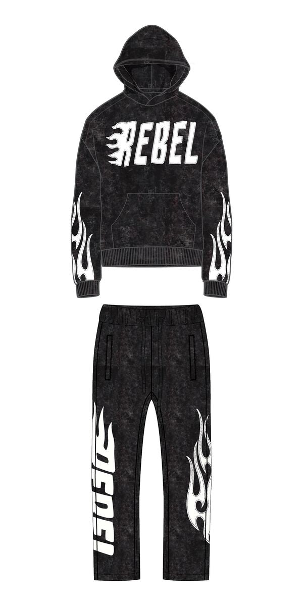 Kids Rebel Flame Fleece Black Wash Hoodie