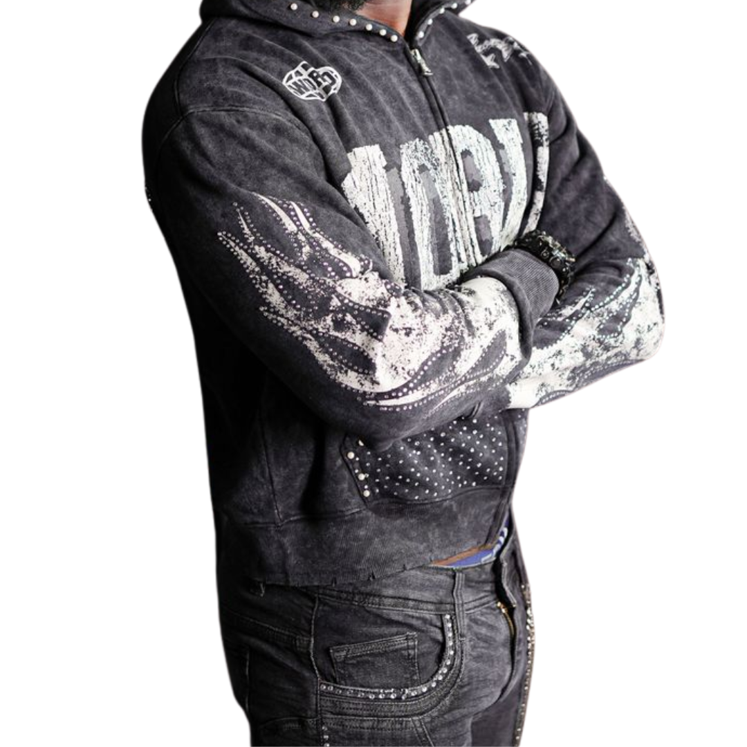 Noble White/Black Washed Rhinestone + Pearls Zip-Up