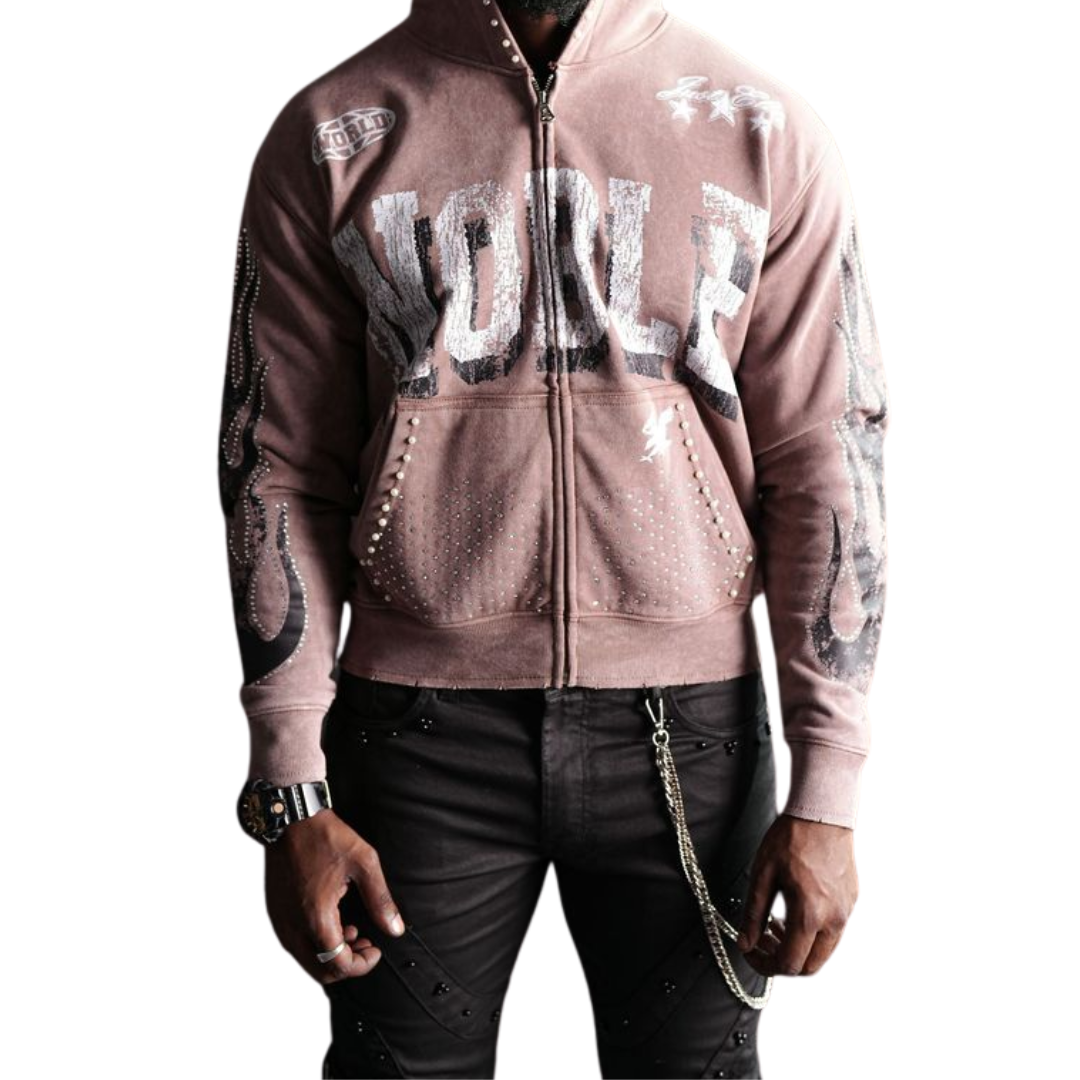 Noble Washed Hoodie - Premium Pearl Embellished Zip-Up