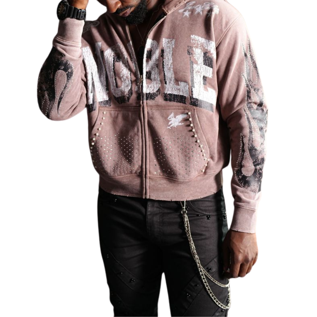 Noble Washed Hoodie - Premium Pearl Embellished Zip-Up