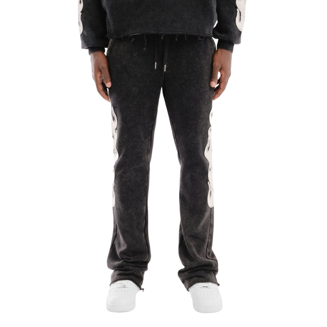 Flame Stack Sweatpants - Black with White Flame Graphics