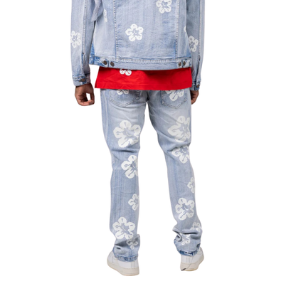 Premium Flower Denim Slim Fit Jeans in Ice Blue