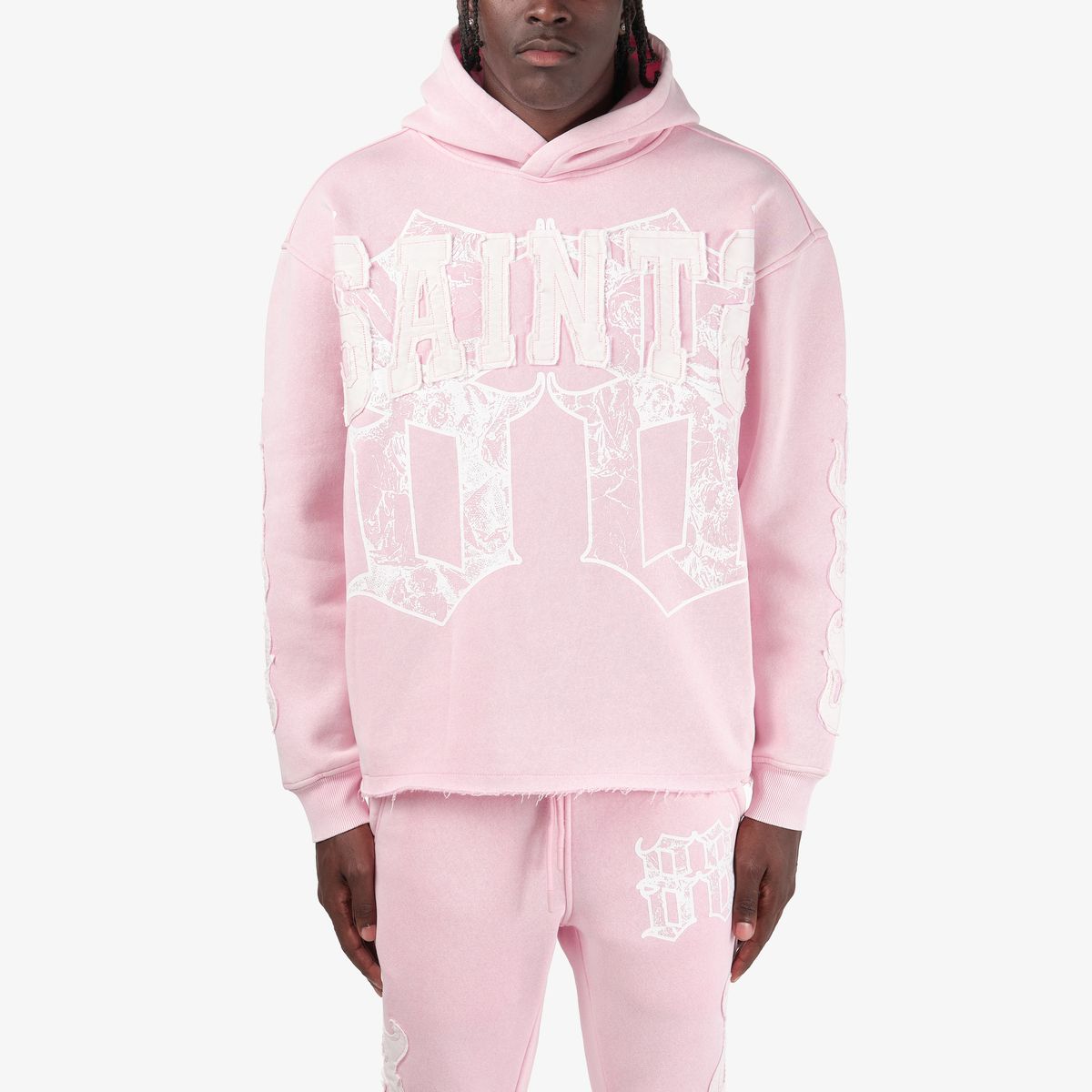Mens Saints Distressed Applique Hoodie – Pink