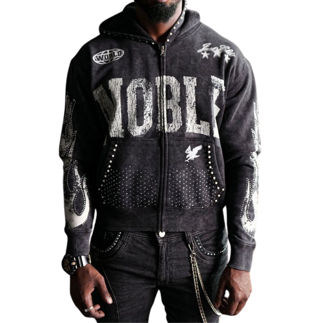 Noble White/Black Washed Rhinestone + Pearls Zip-Up