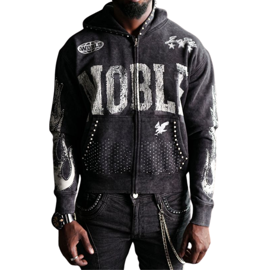 Noble White/Black Washed Rhinestone + Pearls Zip-Up