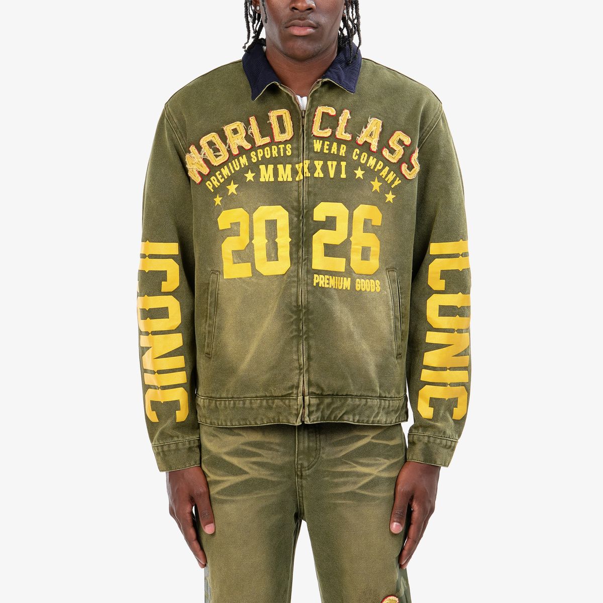 Olive green World Class graphic zip-up jacket with yellow lettering and navy collar