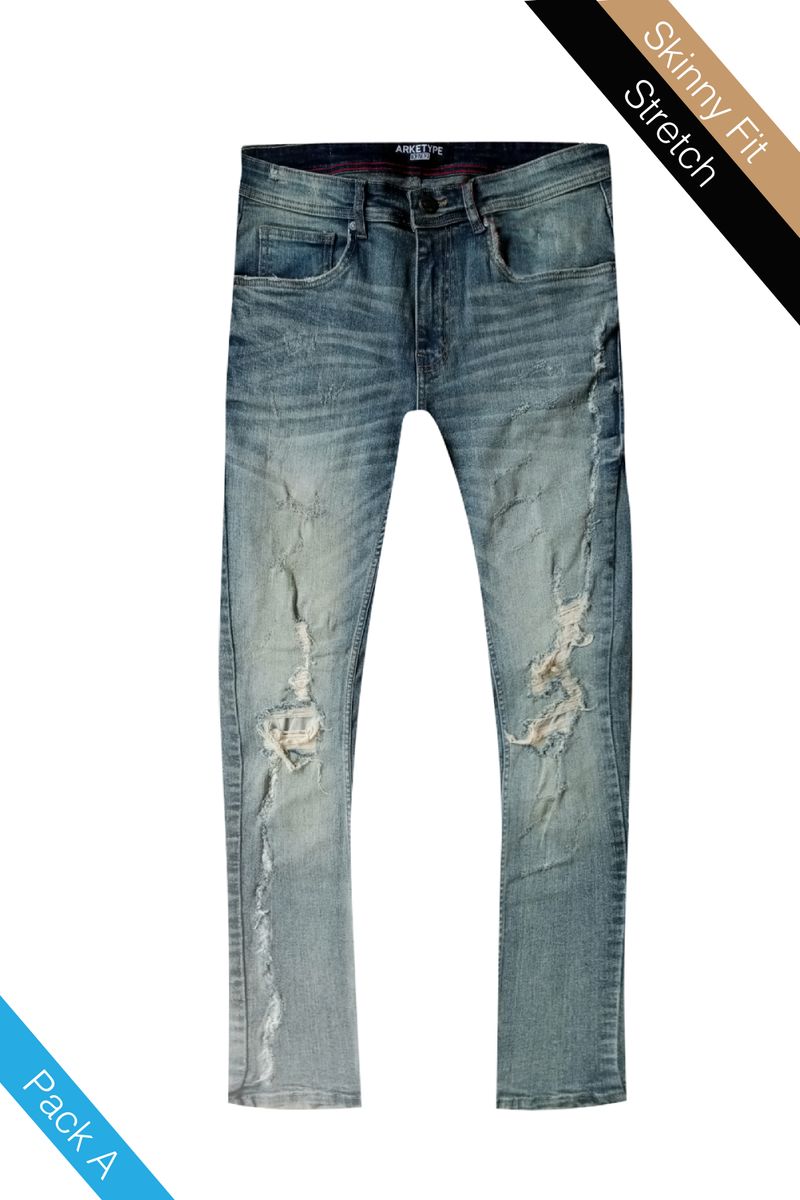 Mens Ripped Skinny Jeans - Vintage Blue