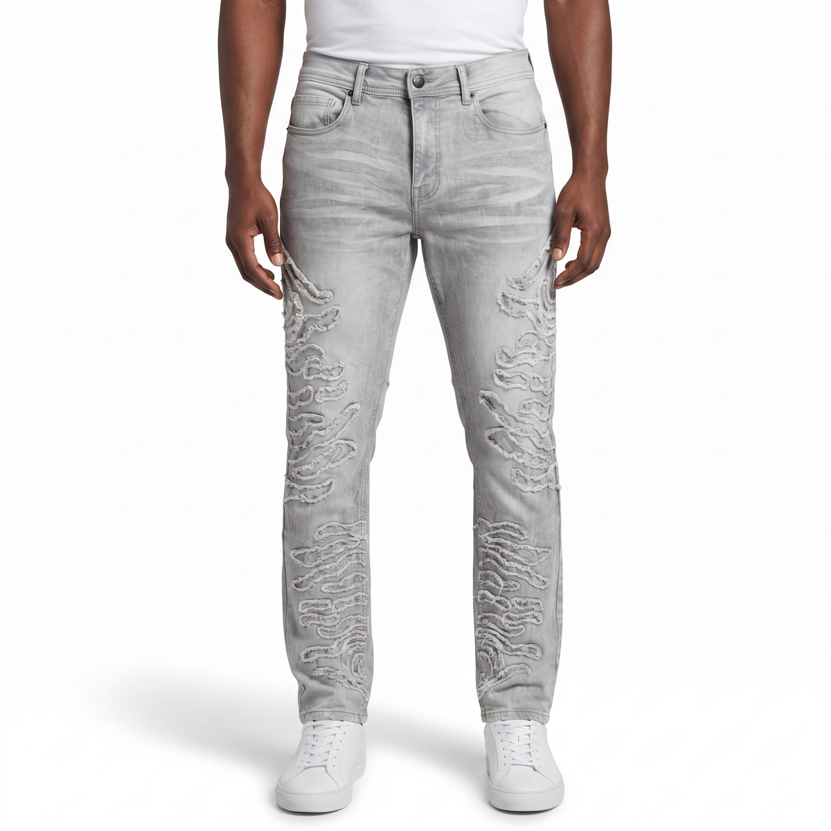 Men’s Laser Motif Slim Jeans - Light Grey