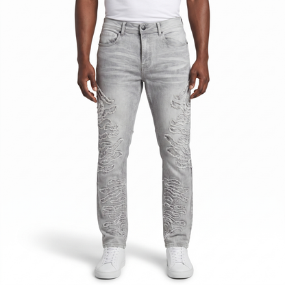 Men’s Laser Motif Slim Jeans - Light Grey