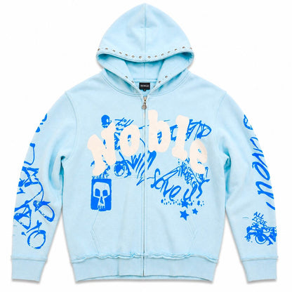 Mens Graffiti Premium Zip Up Hoodie Blue