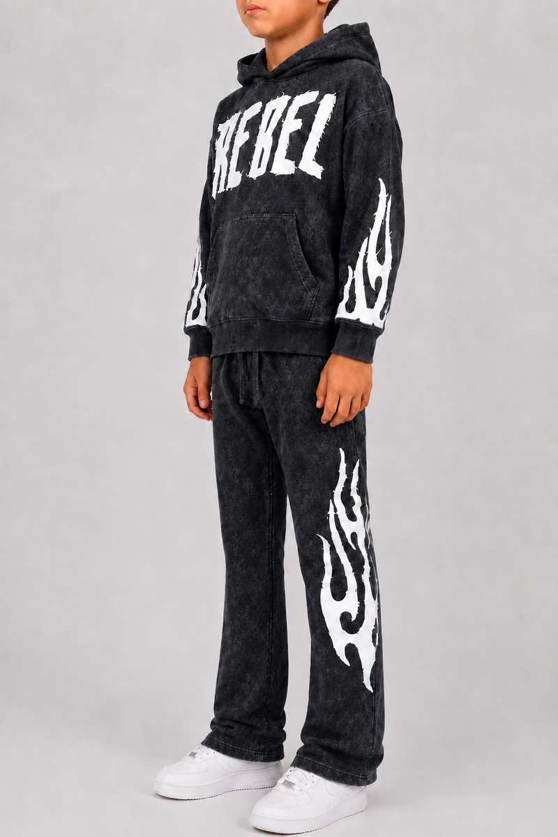 Kids Rebel Flame Fleece Black Wash Hoodie