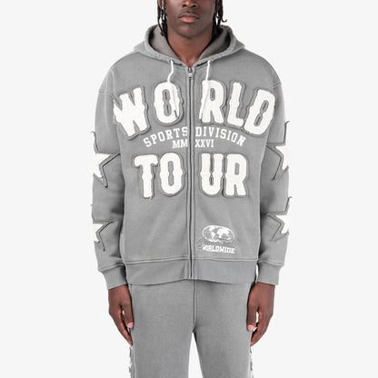 Mens World Tour Washed Grey Zip-Up Hoodie