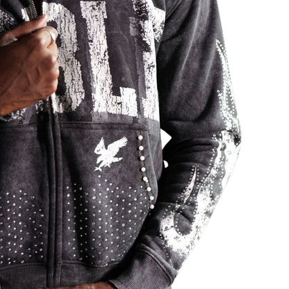Noble White/Black Washed Rhinestone + Pearls Zip-Up