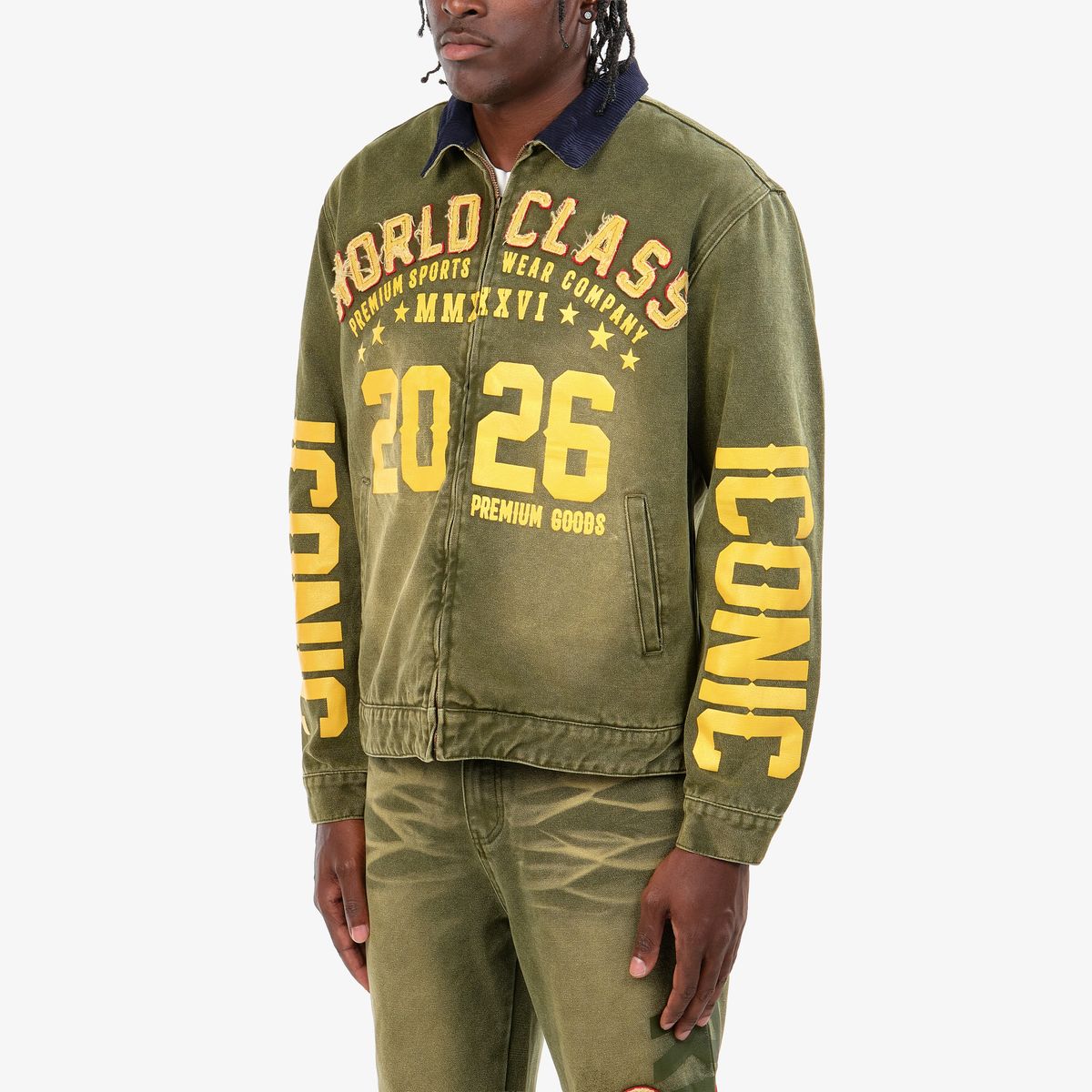Mens Olive World Class Graphic Zip-Up Jacket