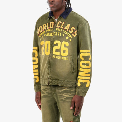 Mens Olive World Class Graphic Zip-Up Jacket