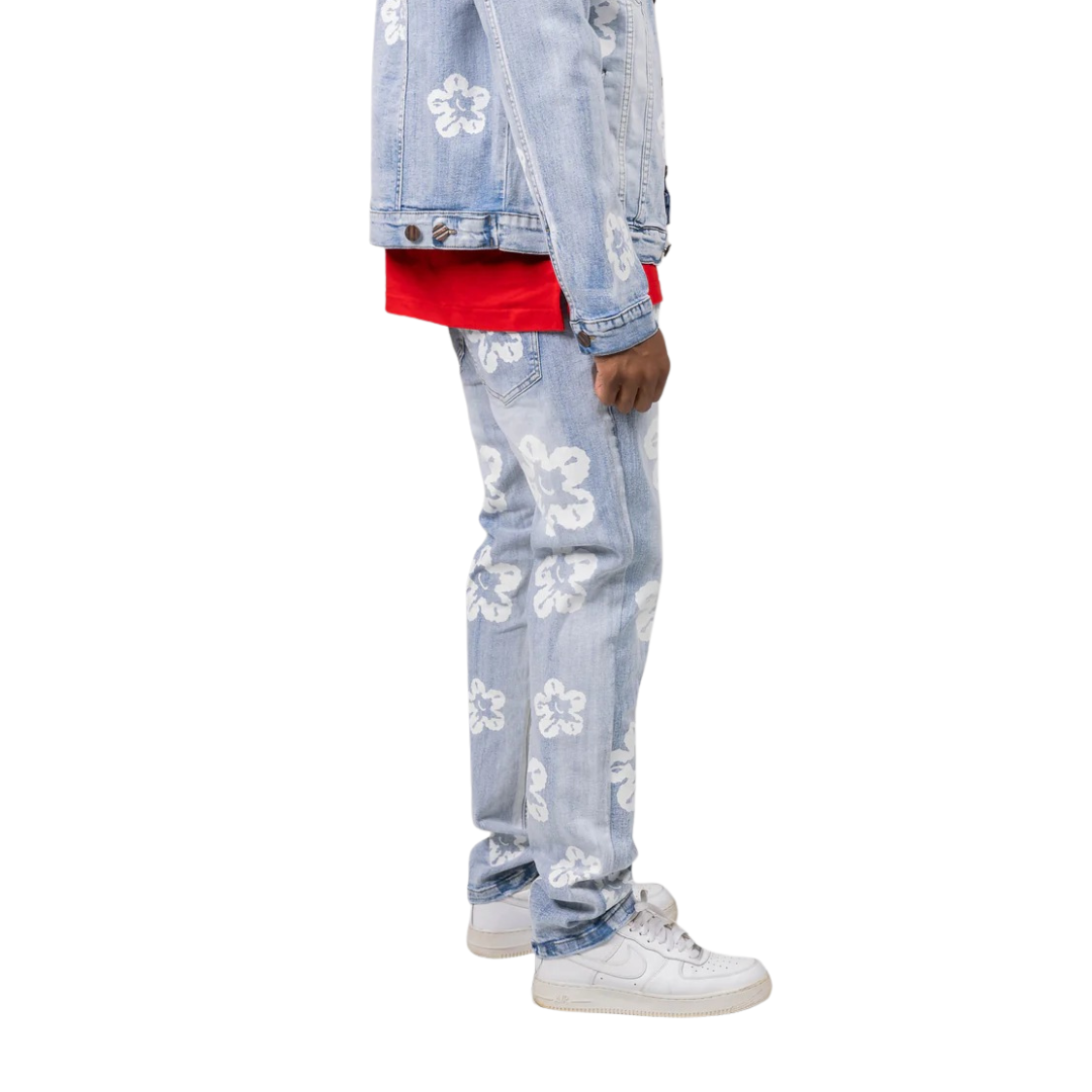 Premium Flower Denim Slim Fit Jeans in Ice Blue