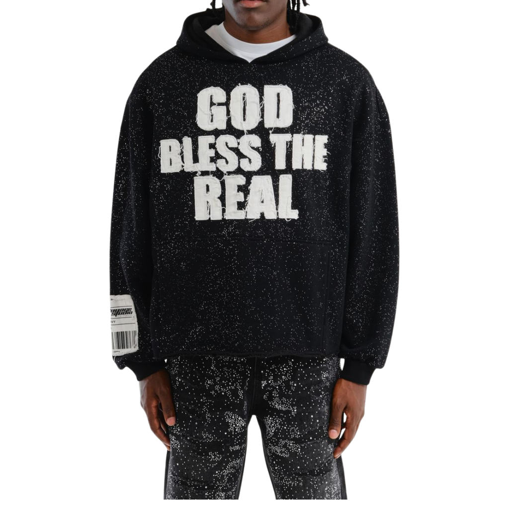 God Bless The Real Hoodie - Speckled Black Statement Streetwear