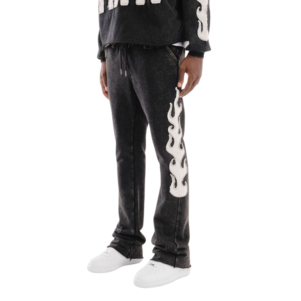 Flame Stack Sweatpants - Black with White Flame Graphics