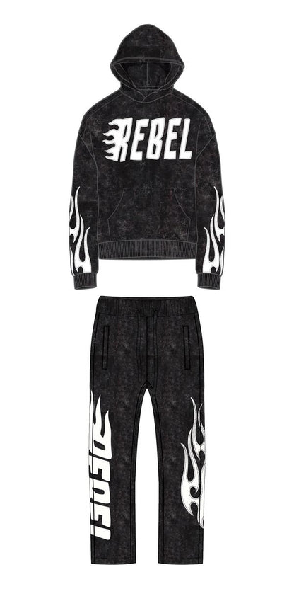 Kids Rebel Flame Fleece Black Wash Hoodie