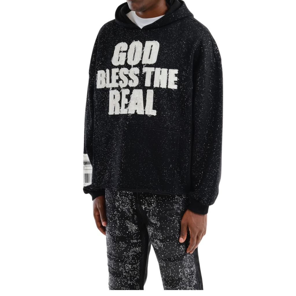 God Bless The Real Hoodie - Speckled Black Statement Streetwear