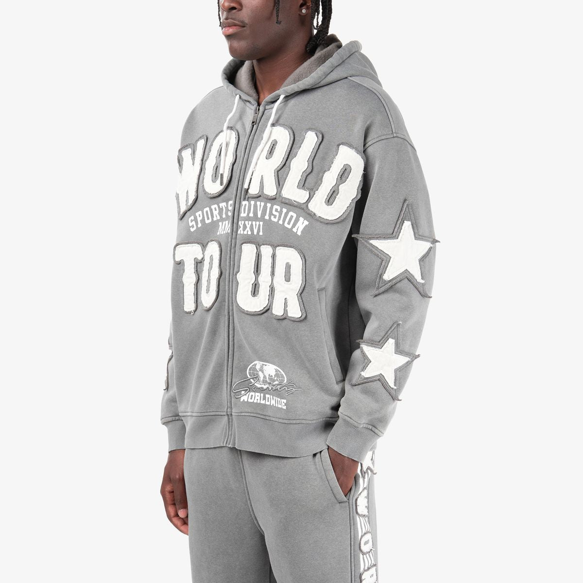 Mens World Tour Washed Grey Zip-Up Hoodie