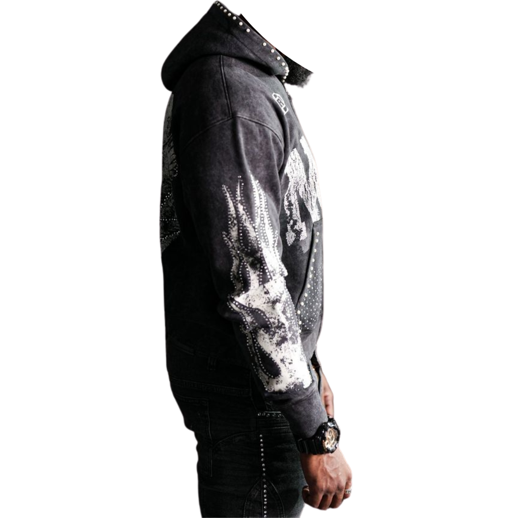 Noble White/Black Washed Rhinestone + Pearls Zip-Up