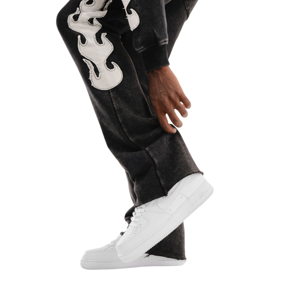 Flame Stack Sweatpants - Black with White Flame Graphics