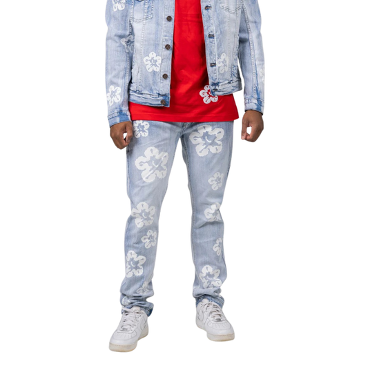 Premium Flower Denim Slim Fit Jeans in Ice Blue