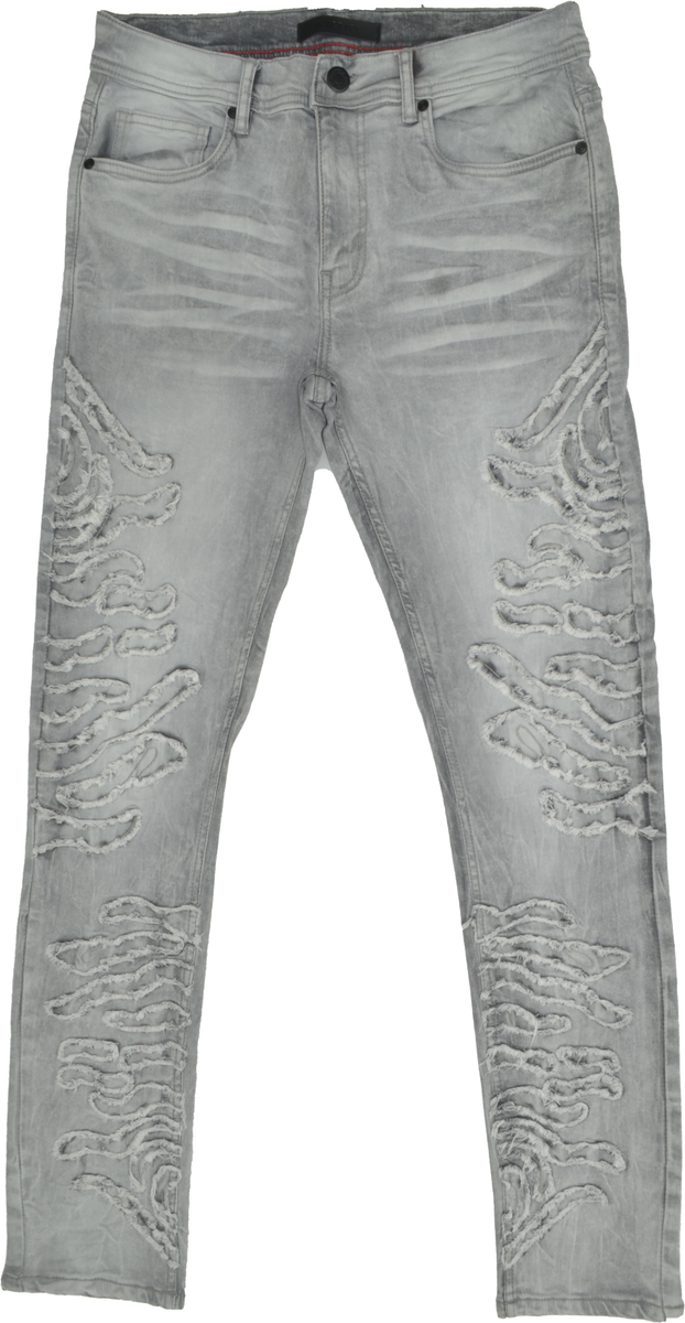 Men’s Laser Motif Slim Jeans - Light Grey