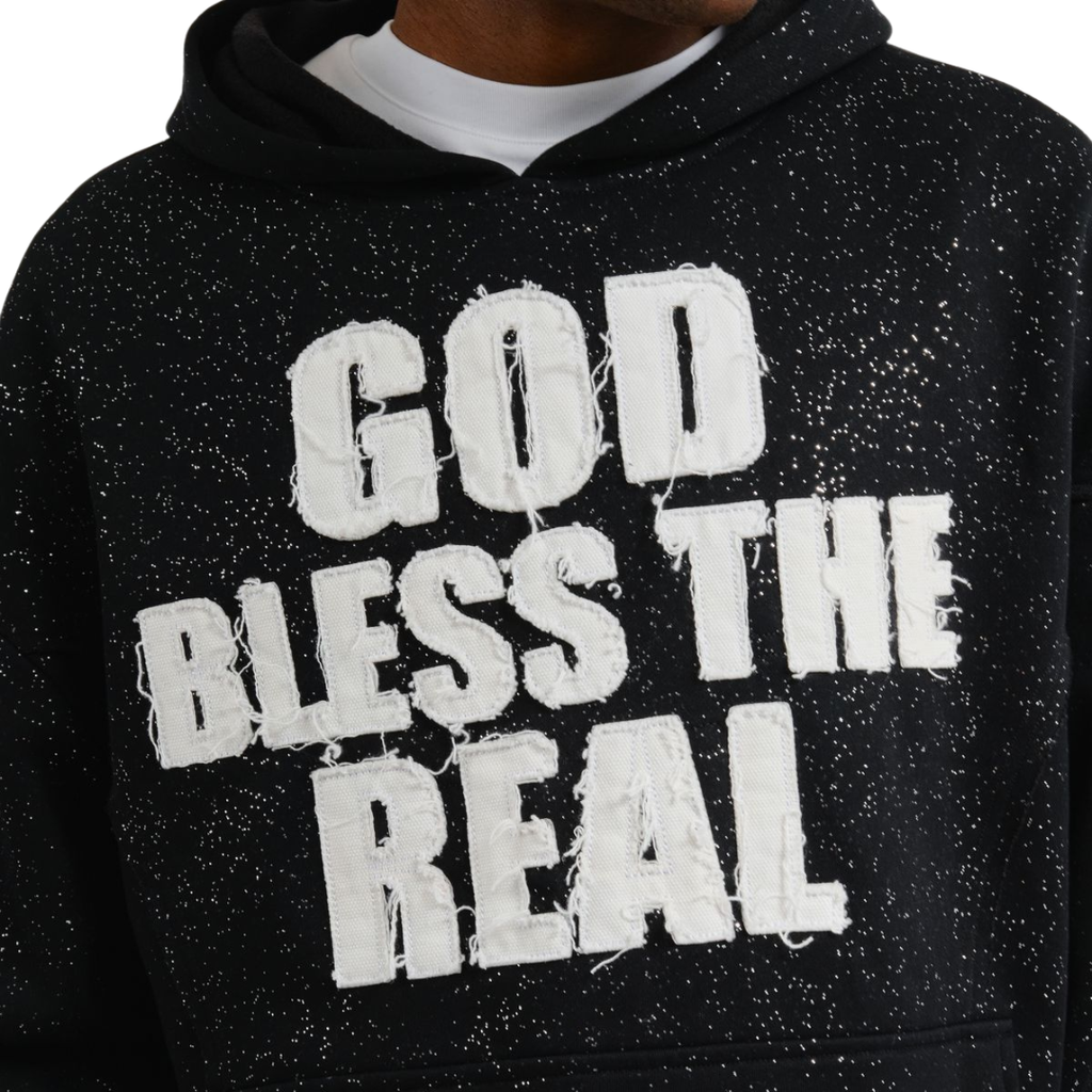 God Bless The Real Hoodie - Speckled Black Statement Streetwear