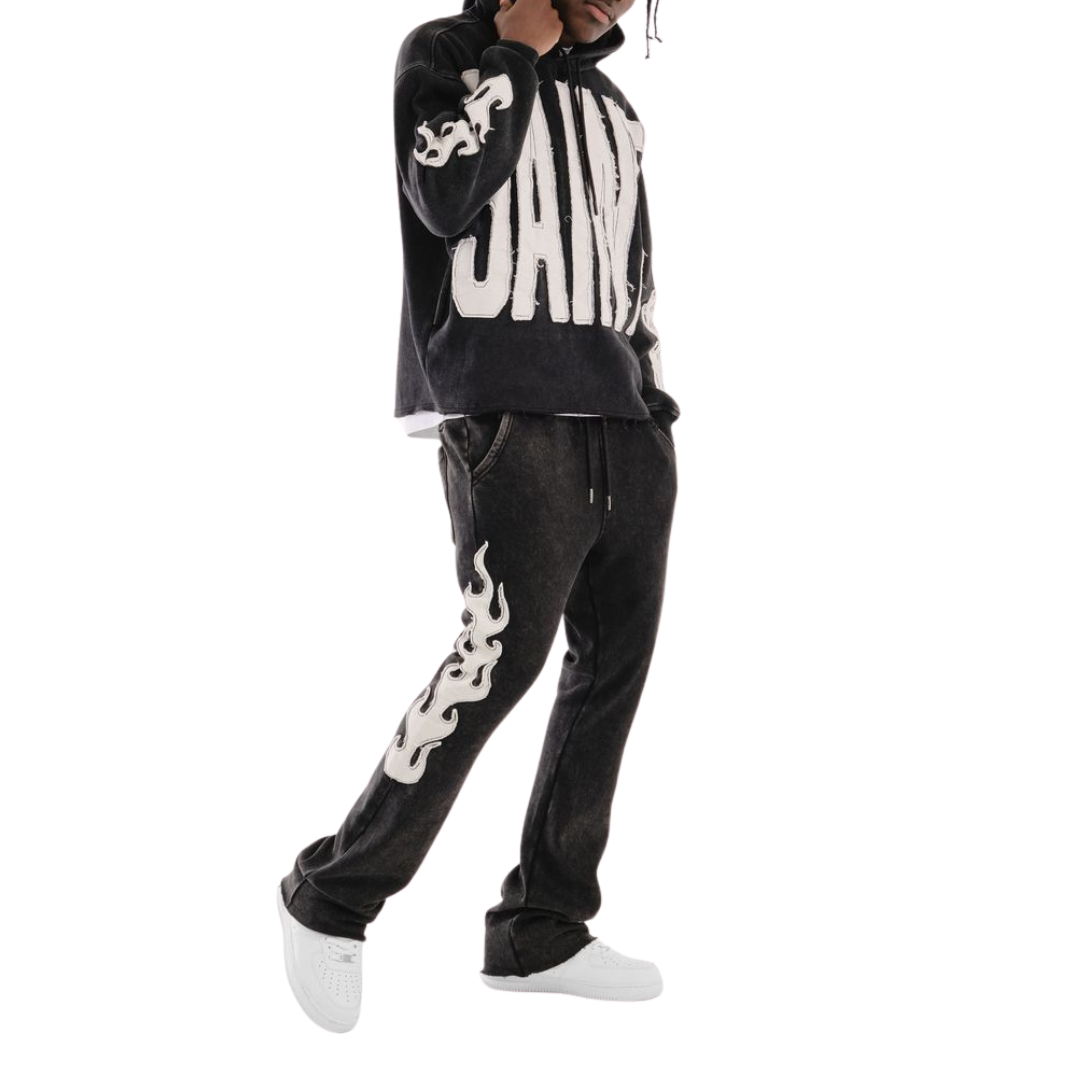 Flame Stack Sweatpants - Black with White Flame Graphics