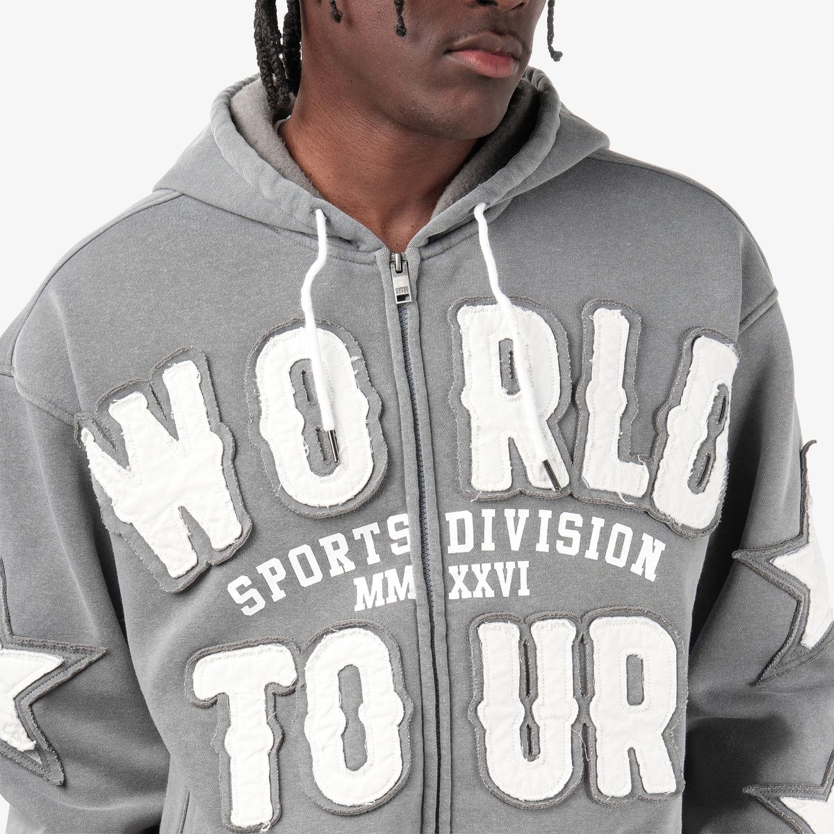 Mens World Tour Washed Grey Zip-Up Hoodie