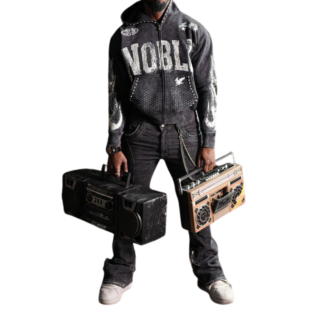 Noble White/Black Washed Rhinestone + Pearls Zip-Up