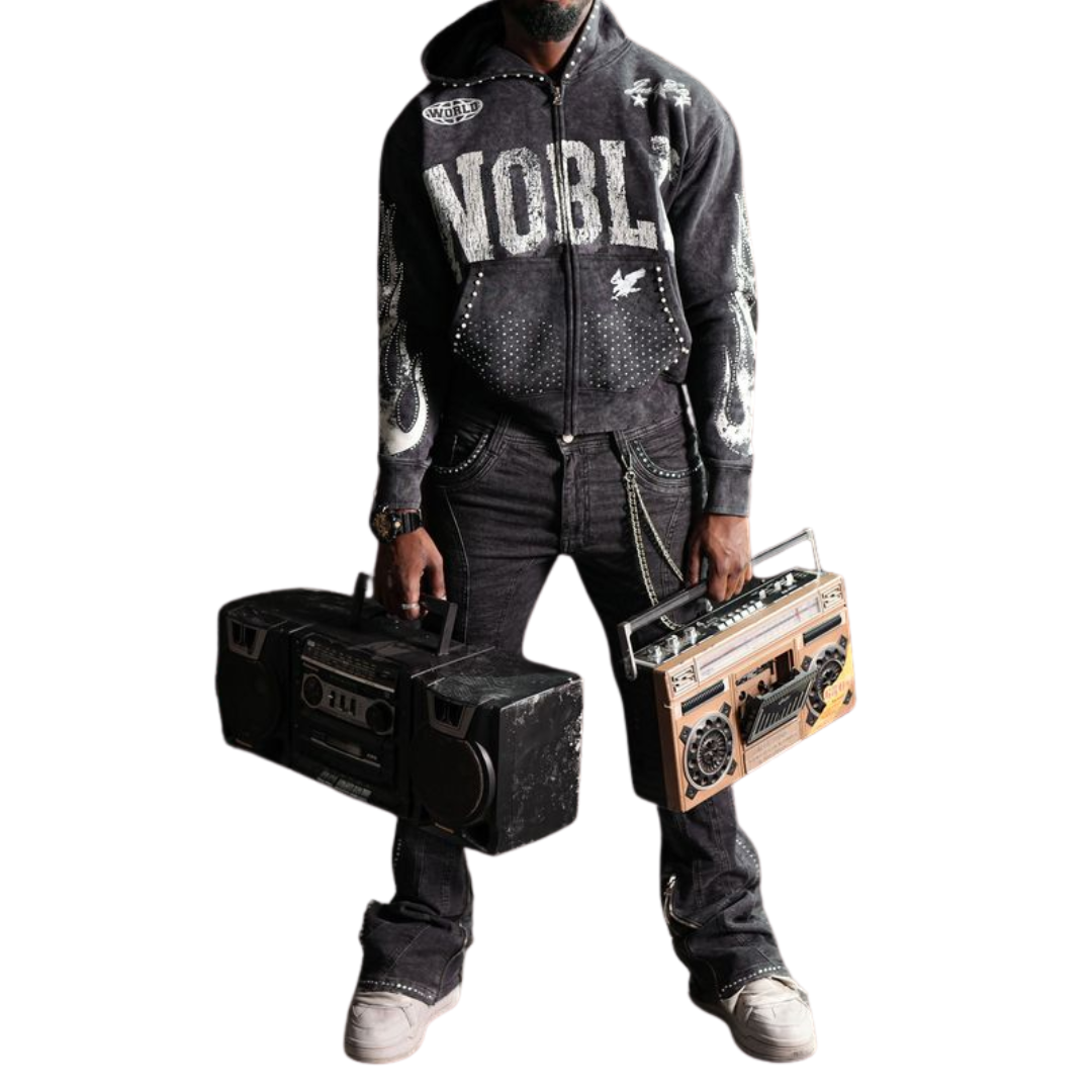 Noble White/Black Washed Rhinestone + Pearls Zip-Up