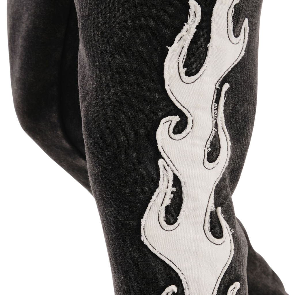 Flame Stack Sweatpants - Black with White Flame Graphics