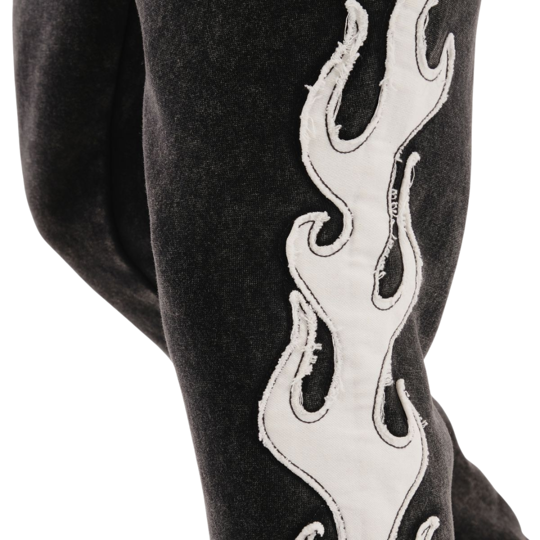 Flame Stack Sweatpants - Black with White Flame Graphics