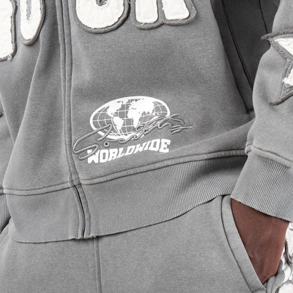 Mens World Tour Washed Grey Zip-Up Hoodie