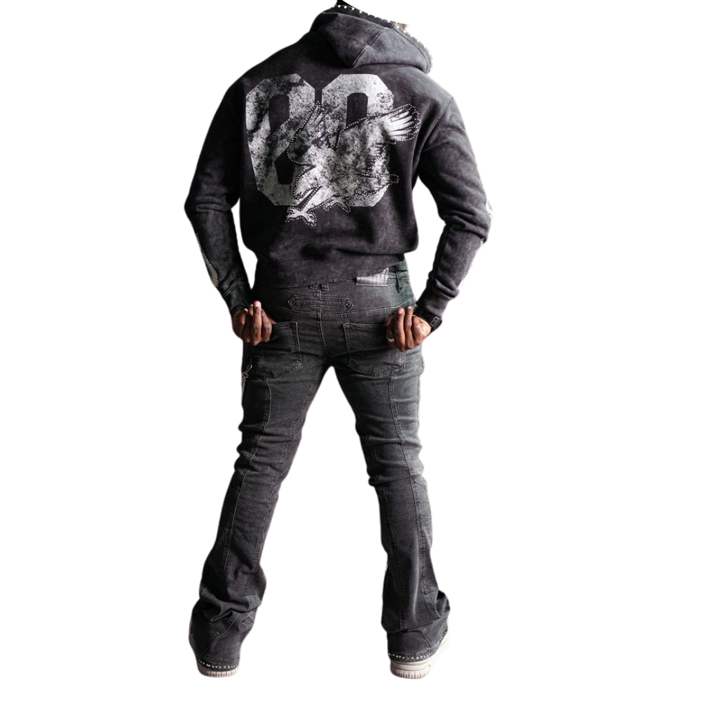 Noble White/Black Washed Rhinestone + Pearls Zip-Up