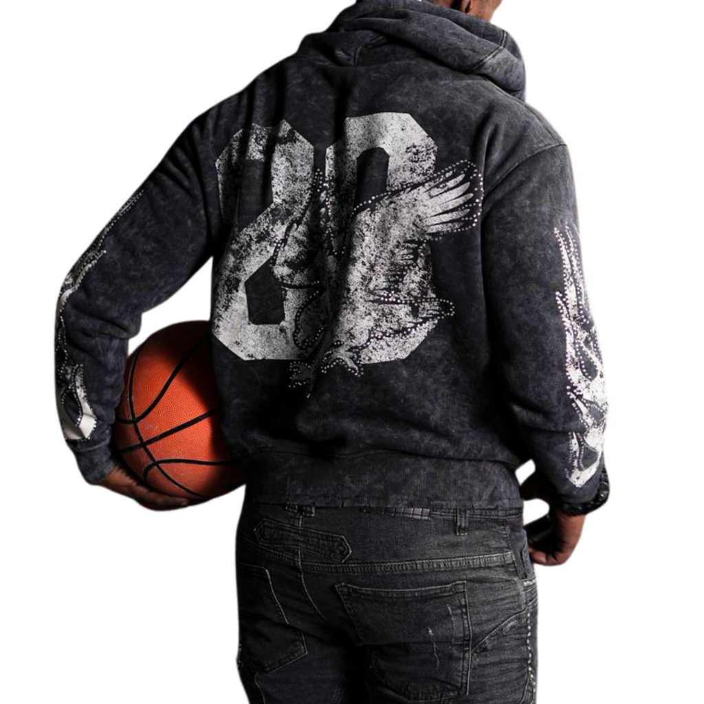 Noble White/Black Washed Rhinestone + Pearls Zip-Up