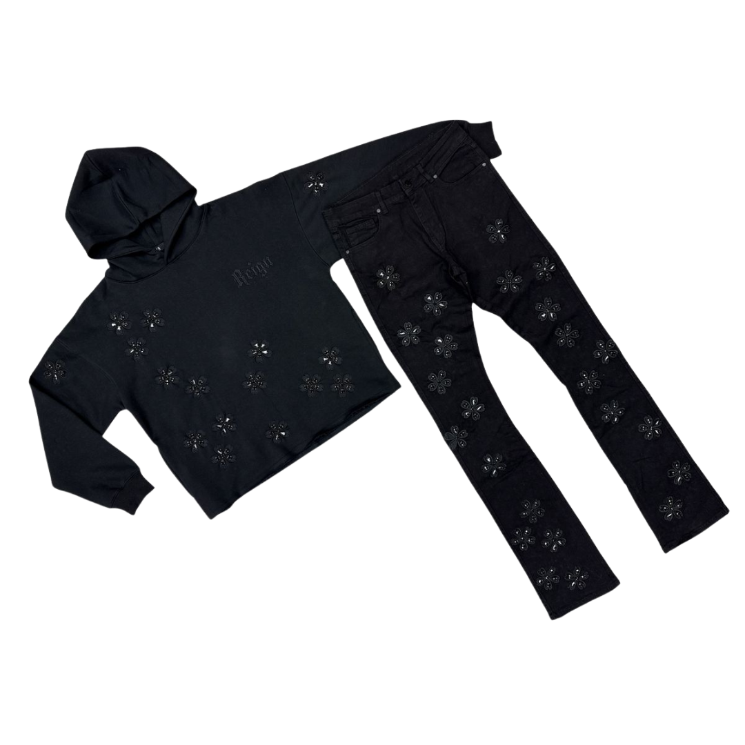 Fashion Fleece Multi Crystal Embroidered Crop Hoodies