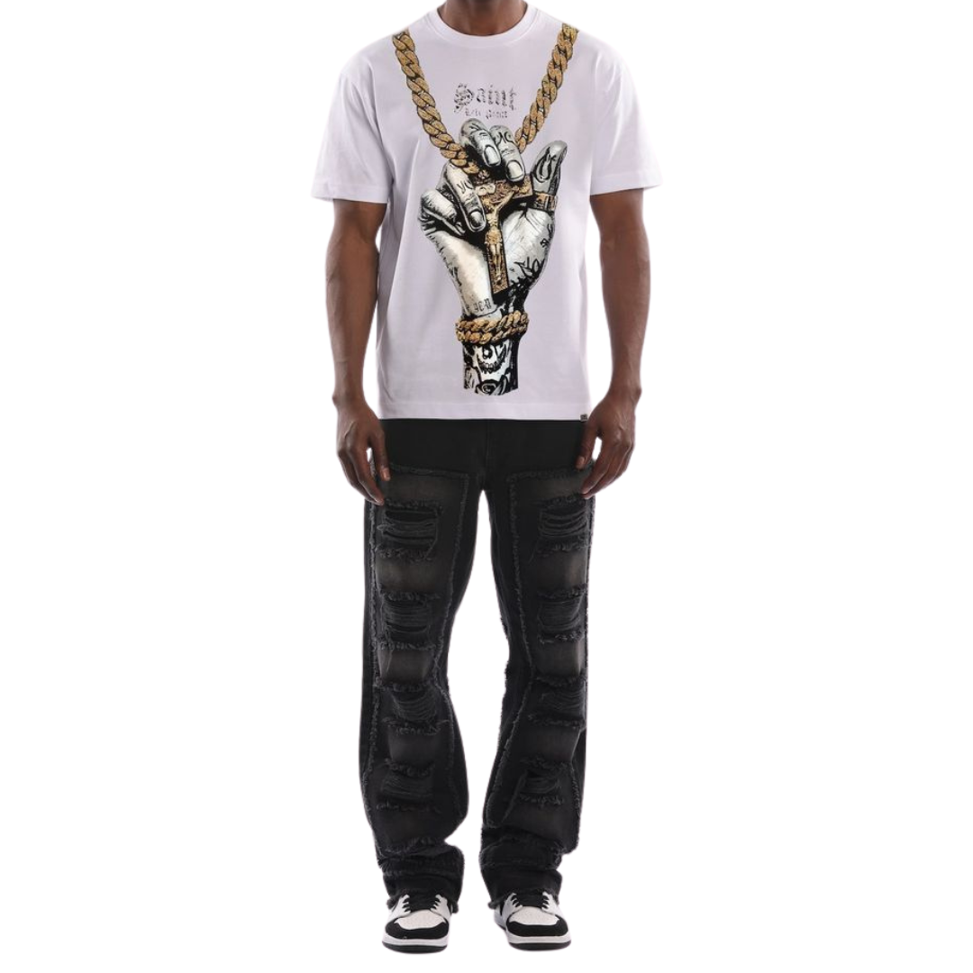 Men's white graphic tee with tattooed hand and gold Cuban chain print – Saint Chain T-Shirt by Left Point