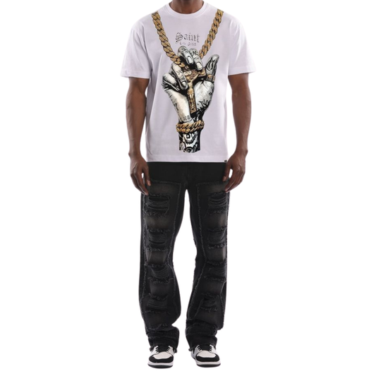 Men's white graphic tee with tattooed hand and gold Cuban chain print – Saint Chain T-Shirt by Left Point