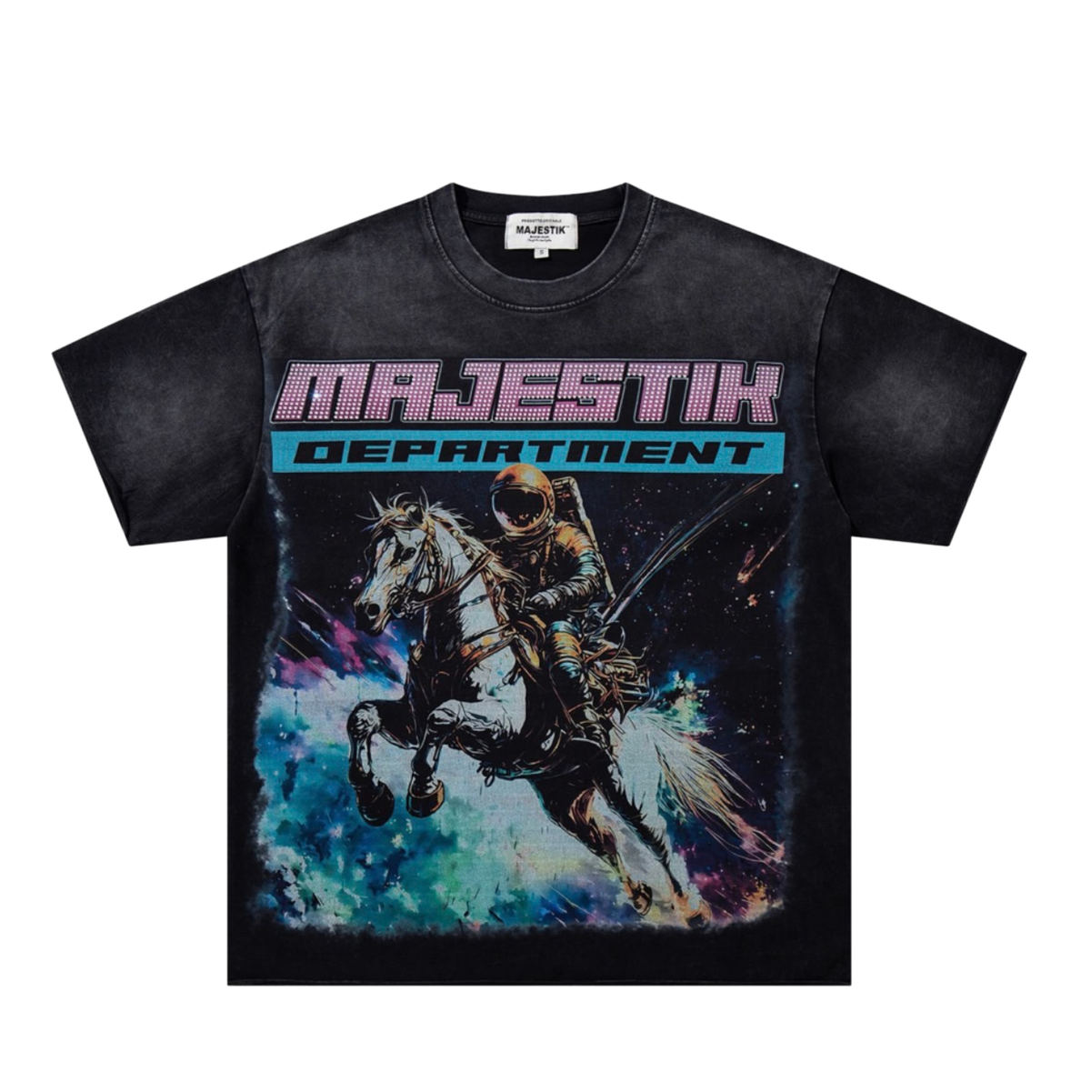 A black Majestik Department graphic t-shirt featuring a stylized print of a knight on a white horse against a cosmic background, with 'MAJESTIK DEPARTMENT' text across the chest.