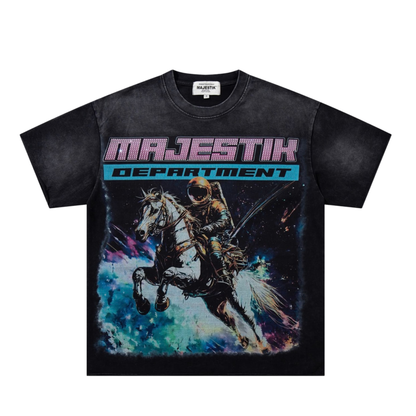 A black Majestik Department graphic t-shirt featuring a stylized print of a knight on a white horse against a cosmic background, with 'MAJESTIK DEPARTMENT' text across the chest.