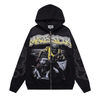 A black zip-up hoodie featuring a large graphic print on the front with a stylized yellow and white 'MAD SICK' logo above an illustration of a man riding a horse with a dog. The sleeves have white dotted line graphics, and the hoodie is shown against a plain white background.