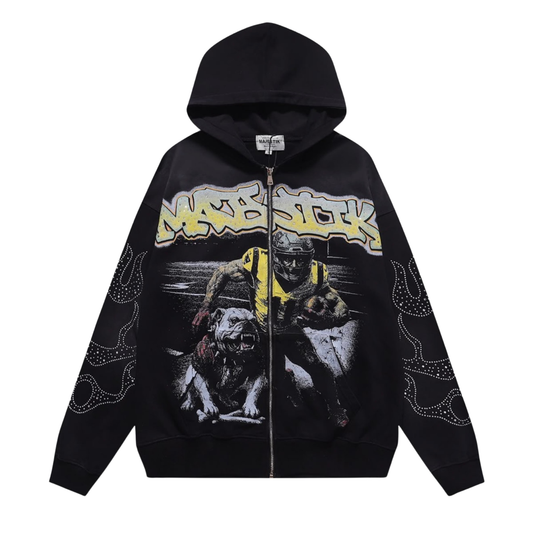 A black zip-up hoodie featuring a large graphic print on the front with a stylized yellow and white 'MAD SICK' logo above an illustration of a man riding a horse with a dog. The sleeves have white dotted line graphics, and the hoodie is shown against a plain white background.