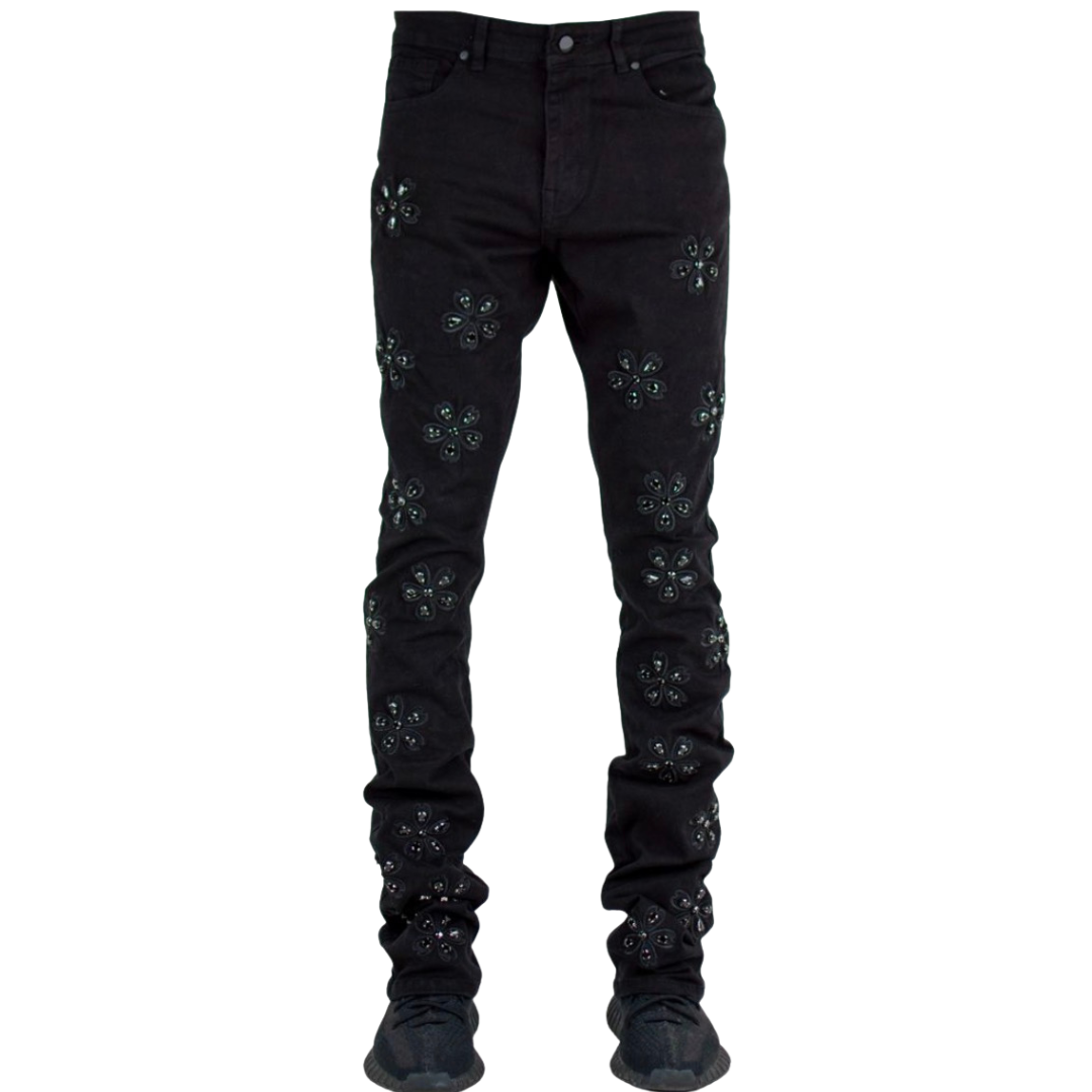 Black Rhinestone Floral Embellished Jeans
