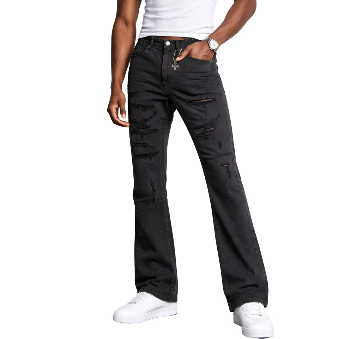 Distressed Flare Jeans Jet Black