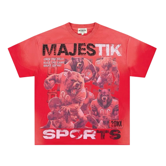 A red short-sleeve graphic t-shirt featuring a collage of football players and bears with the text 'MAJESTIK' and 'SPORTS' on a white background.