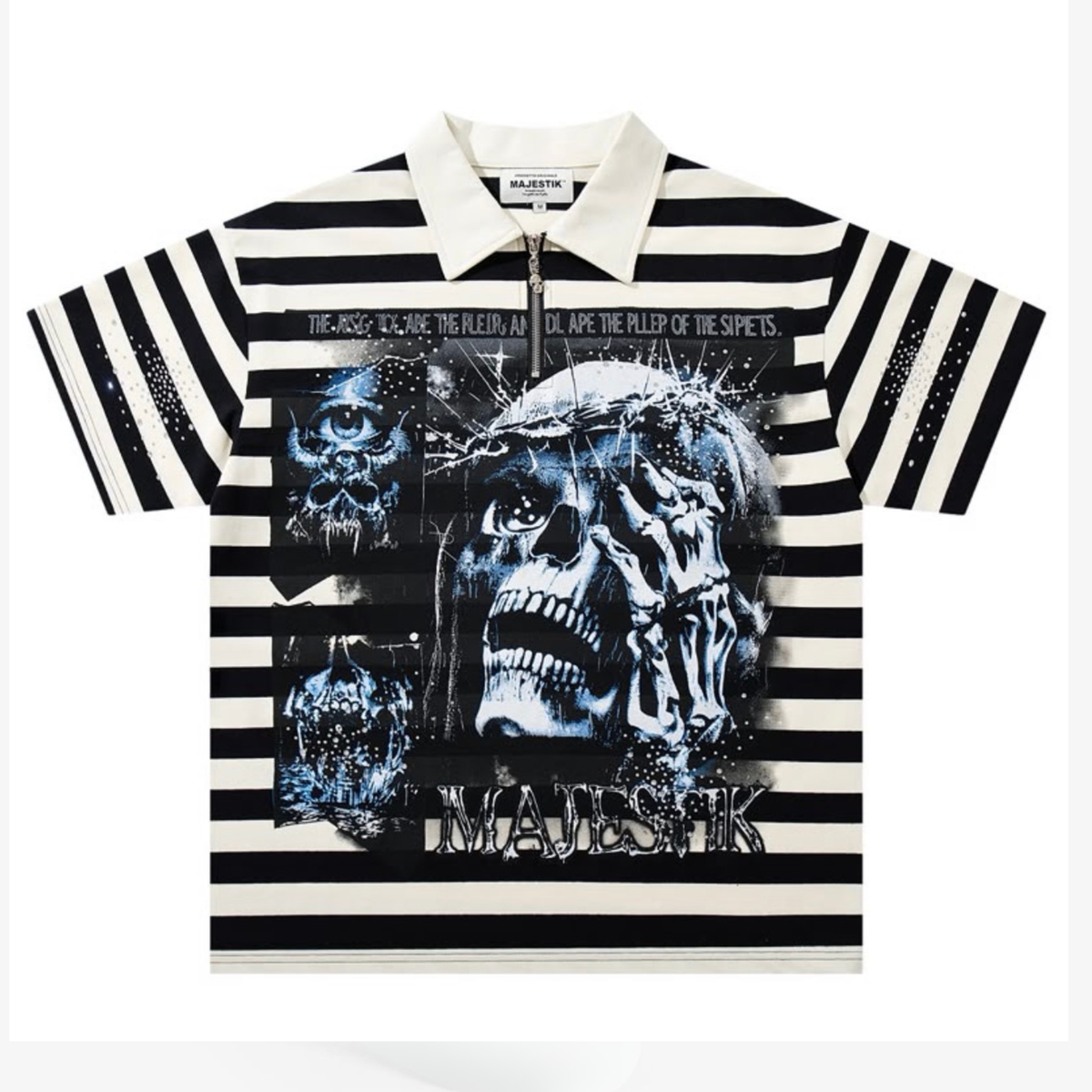 A short-sleeve polo shirt with black and white horizontal stripes, featuring a large blue-toned skull graphic and the word 'MAVSHIK' on the front, with a small zipper at the collar.